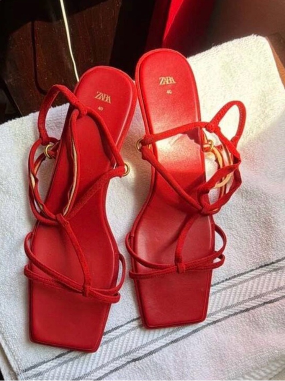 Zara Red Strappy Kitten Heel Sandals Size 40